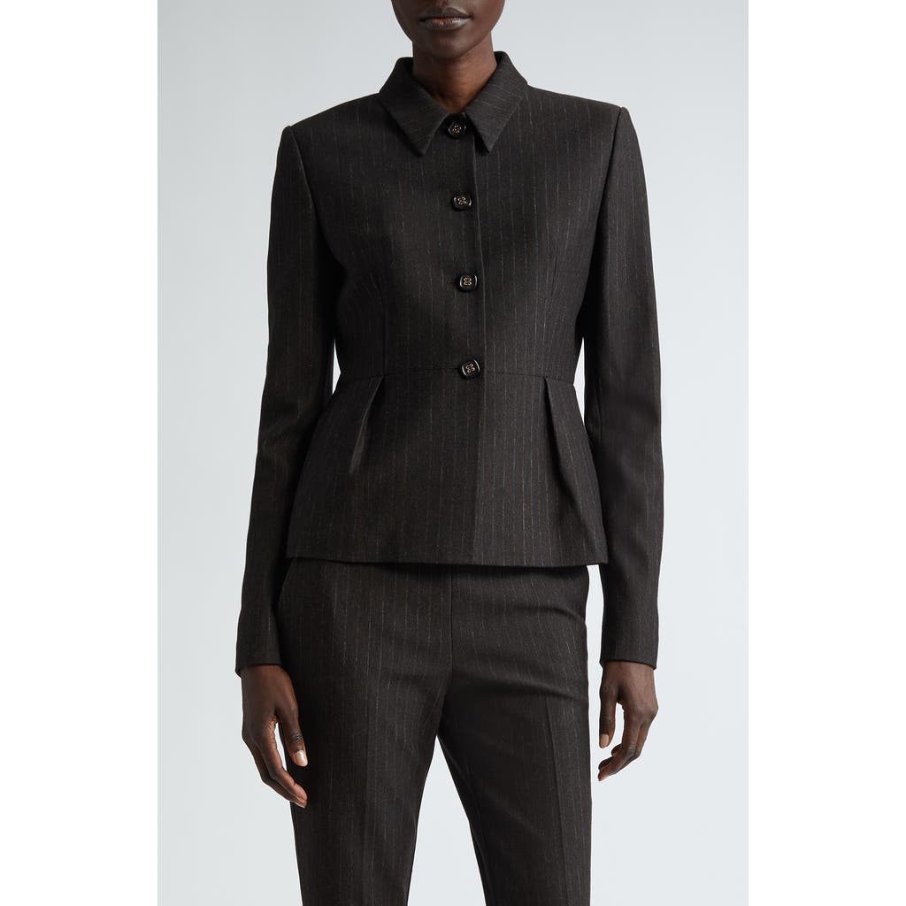 St. John Collection Pinstripe Jersey Peplum Jacket in Mocha