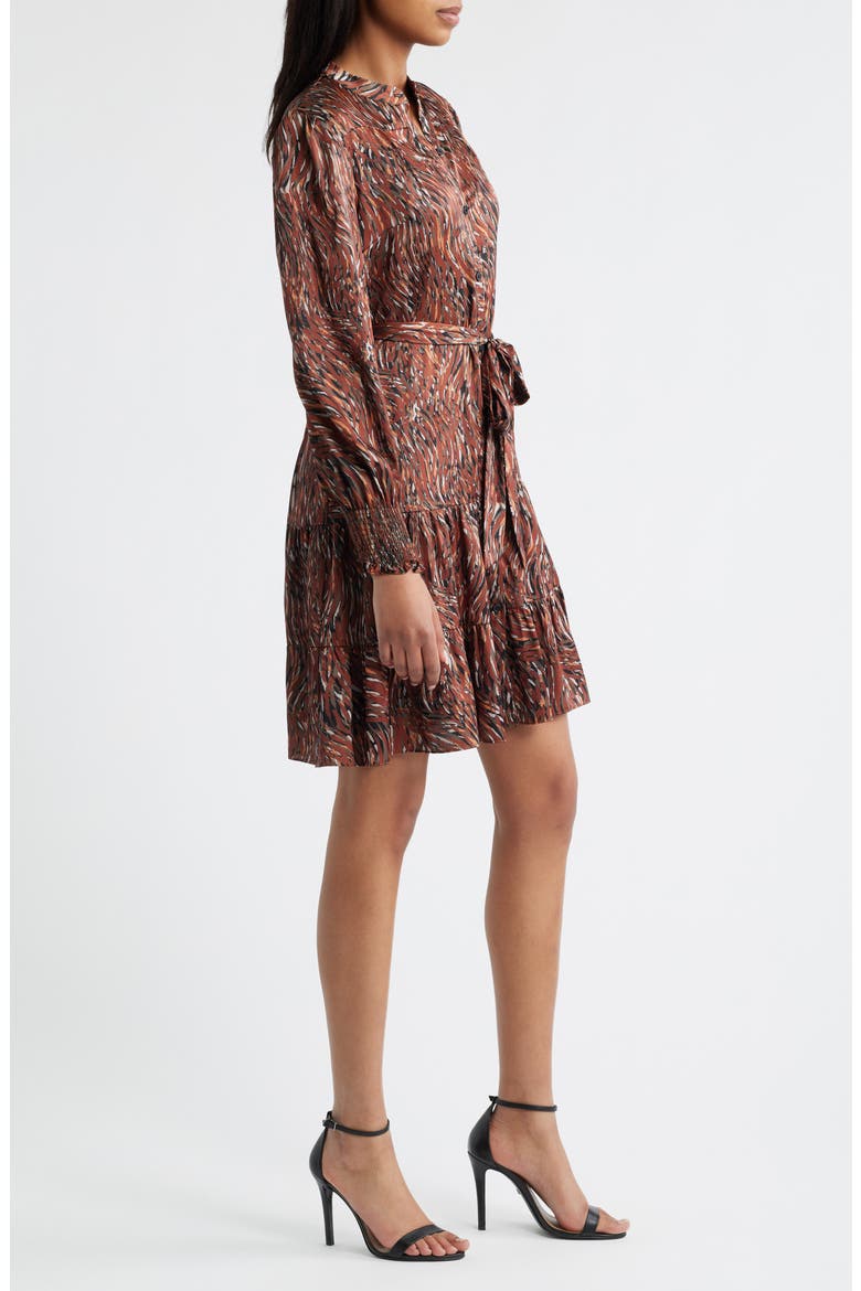 Tiered Long Sleeve Tie Waist Button Front Satin Dress, Alternate, color, BROWN MULTI