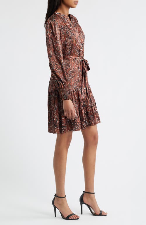 Julia Jordan Tiered Long Sleeve Tie Waist Button Front Satin Dress In Multi