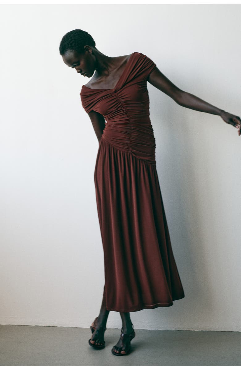 H&M Draped Off-the-shoulder Jersey Dress, Alternate, color, Dark Brown