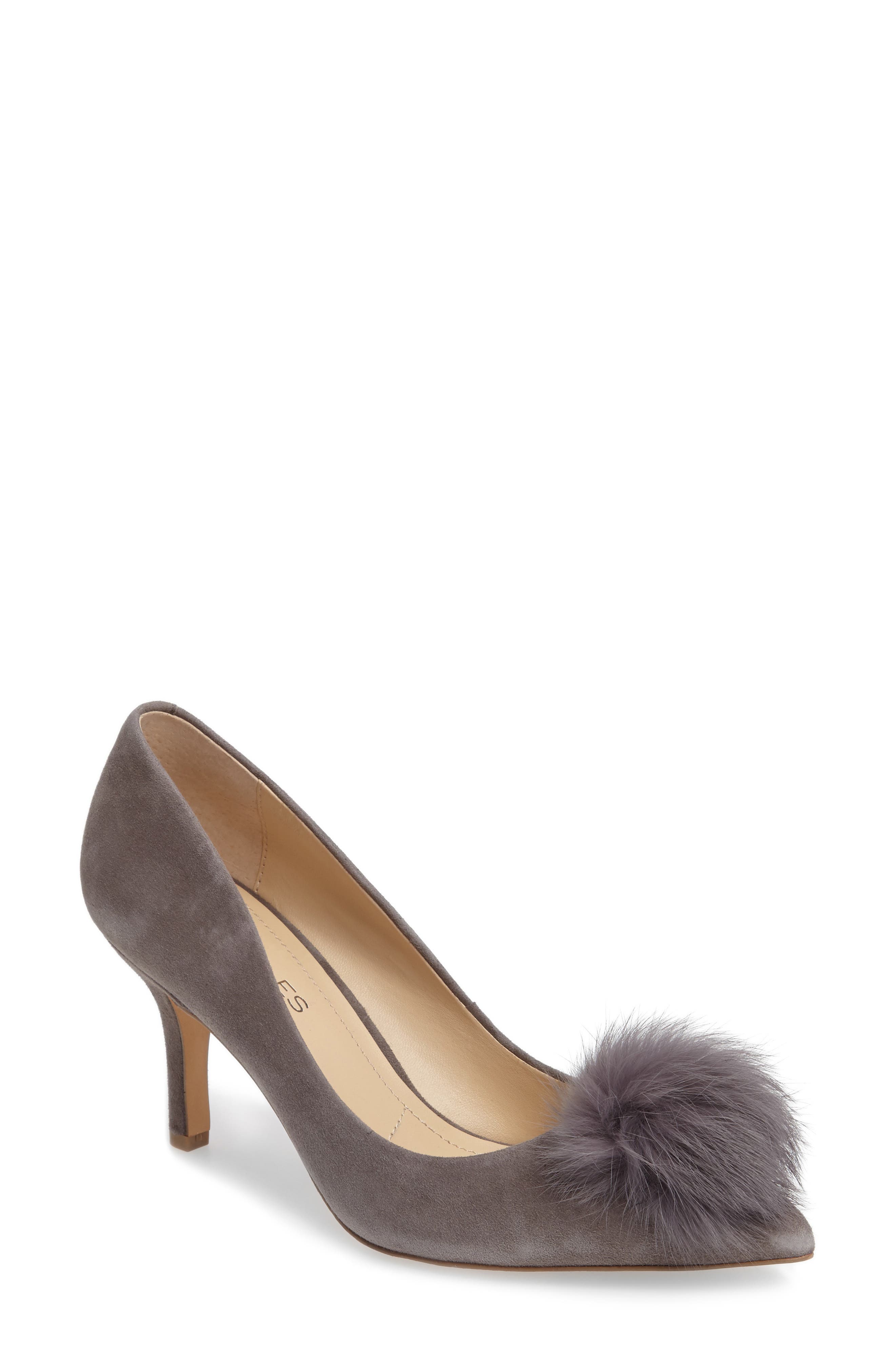 Sadie Genuine Rabbit Fur Pom Pump, Main, color, SLATE SUEDE