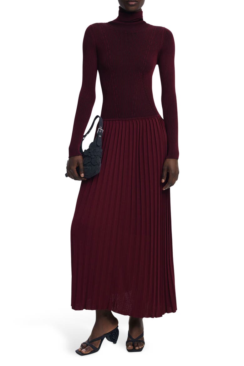 Long Sleeve Pleat Turtleneck Maxi Dress, Main, color, DARK RED