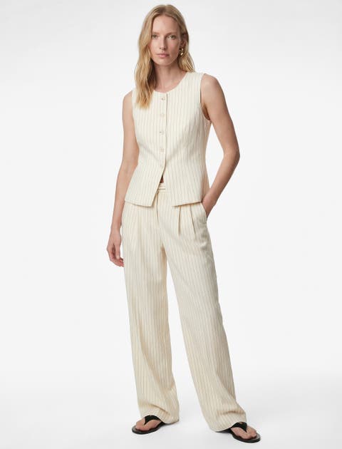 Pinstripe Wide Leg Trousers With Belt