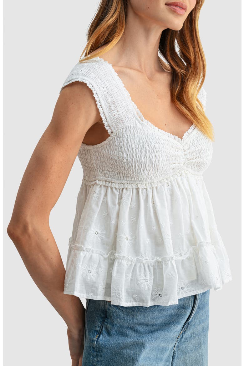 Smocked Cap Sleeve Embroidered Cotton Top, Alternate, color, OFF WHITE