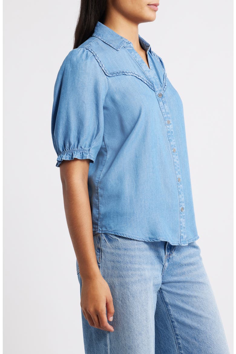 Indira Short Sleeve Denim Button-Up Shirt, Alternate, color, MEDIUM WASH