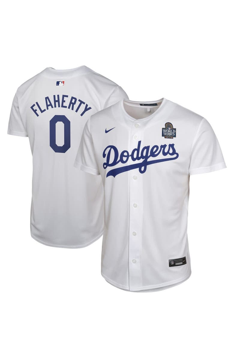 Nike Youth Nike Jack Flaherty White Los Angeles Dodgers 2024 World Series Patch Home Game Player Jersey, Main, color, White