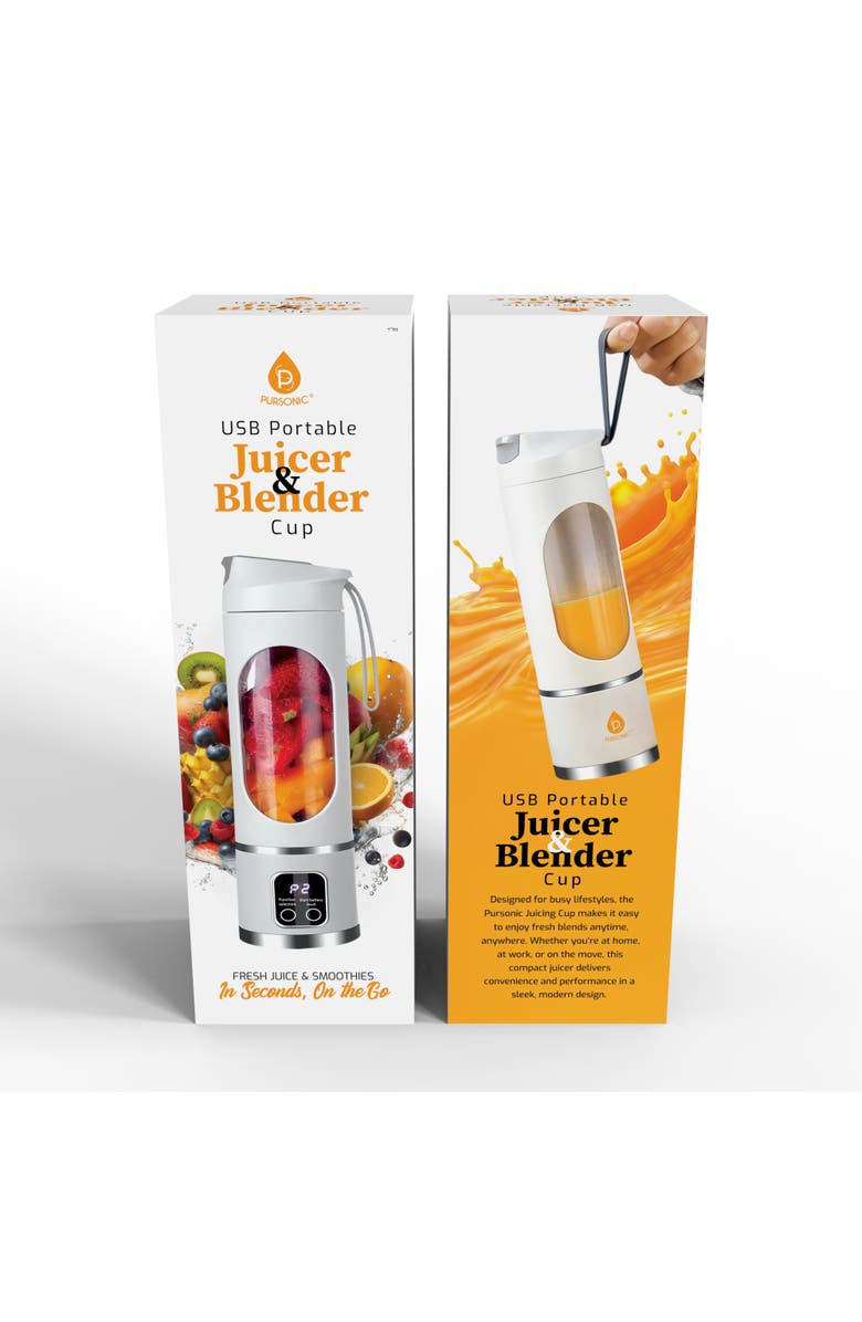 PURSONIC USB Portable Juicer & Blender Cup On-the-Go 12-Blade Smoothie Maker with 3-Speed Motor & USB-C Fast Charging, Alternate, color, White