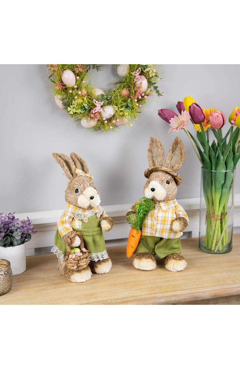 Northlight Rustic Boy Rabbit with Carrot Standing Easter Figure - 13.75" - Brown and Yellow, Alternate, color, Brown