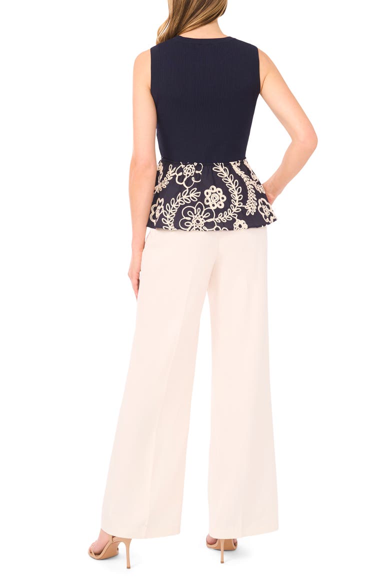 Embroidered Detail Mixed Media Peplum Top, Alternate, color, CLASSIC NAVY