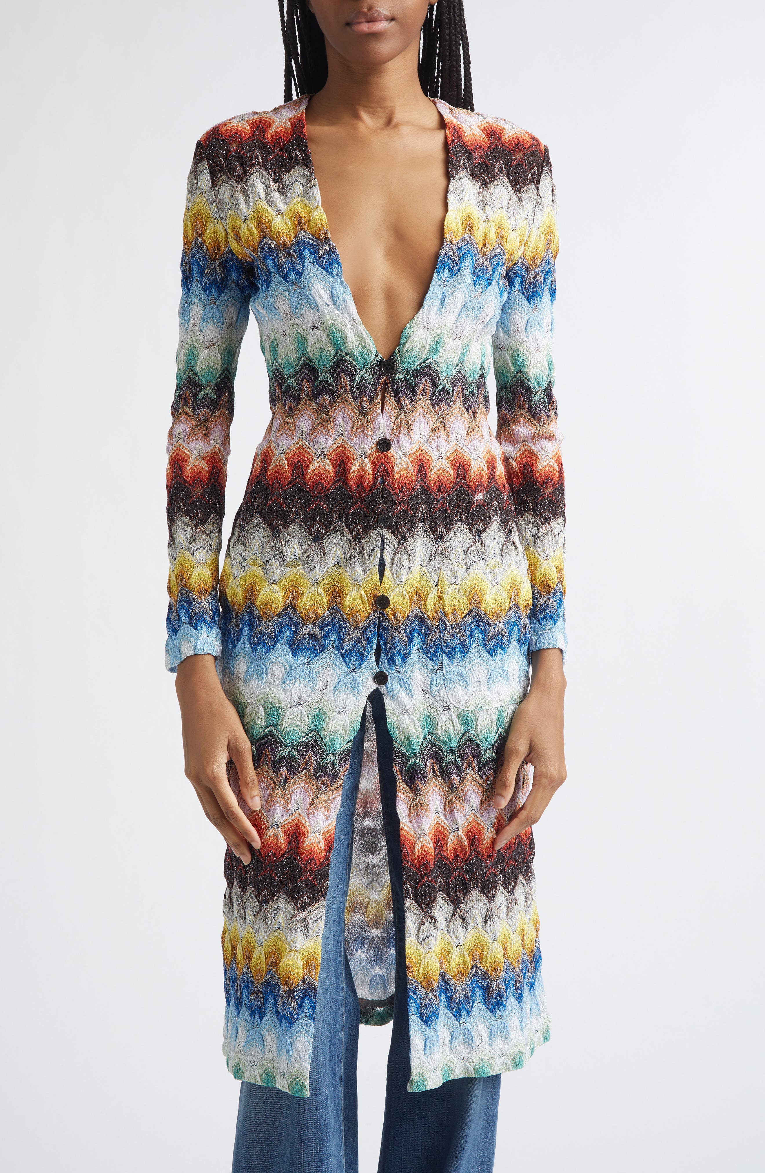 Metallic Zigzag Raschel Knit Duster Cardigan