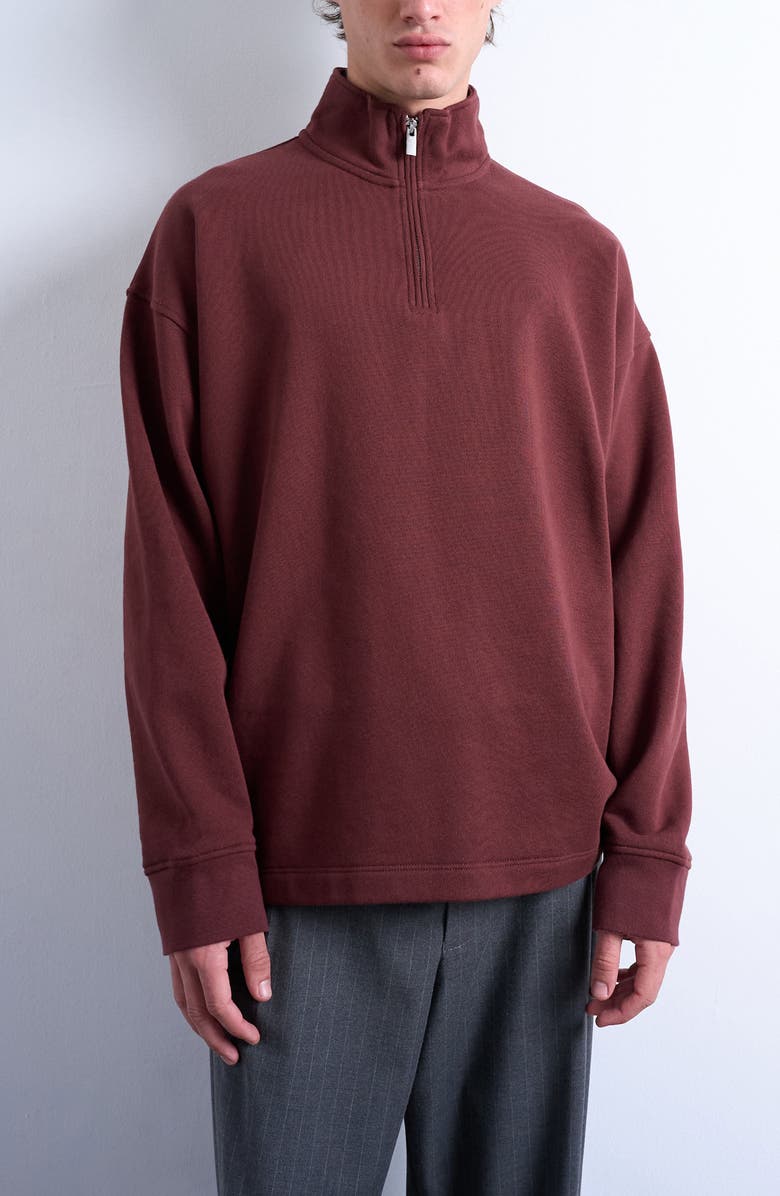 Topman Heavyweight Oversize Quarter Zip Sweatshirt, Main, color, Brown