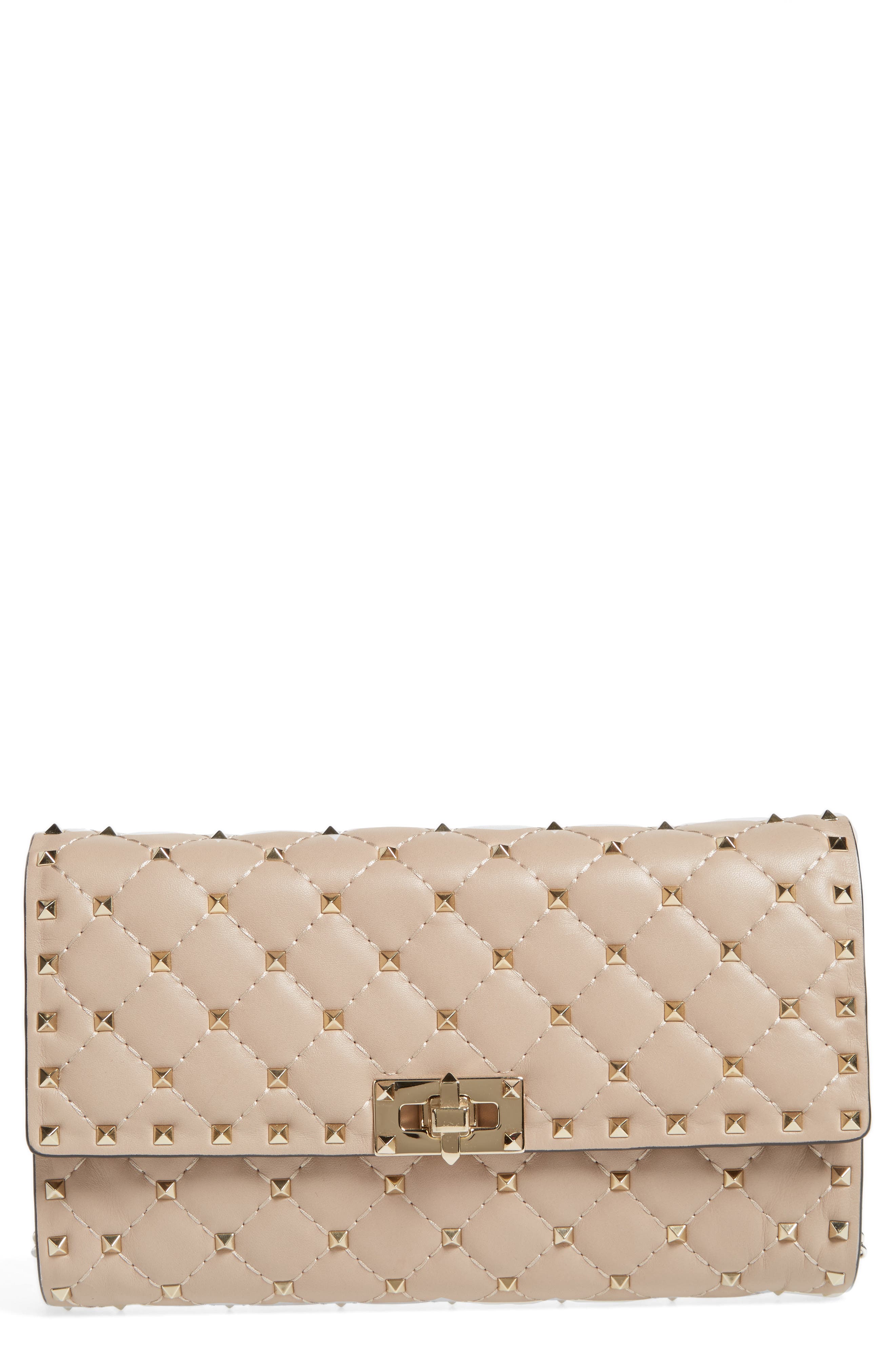 Valentino Garavani Rockstud Matelassé Quilted Leather Crossbody Bag, Main, color, Poudre