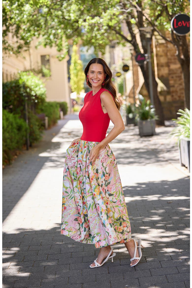 Daphne Floral Mixed Media Midi Dress, Alternate, color, ZOES GARDEN W RED