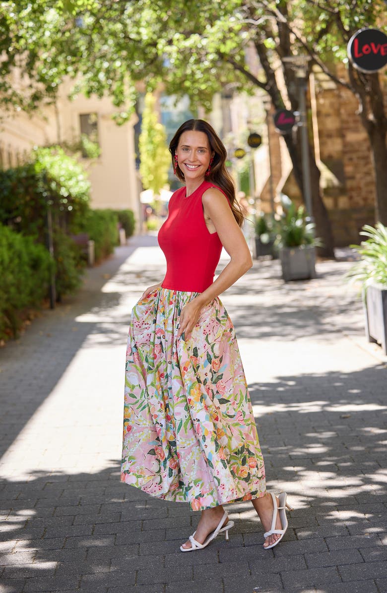 Brave+True Daphne Floral Mixed Media Midi Dress, Alternate, color, Zoes Garden W Red