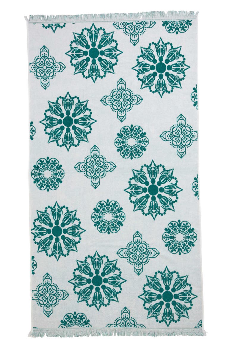 Geometric Floral Organic Cotton Full Terry Turkish Towel, Alternate, color, Seagreen