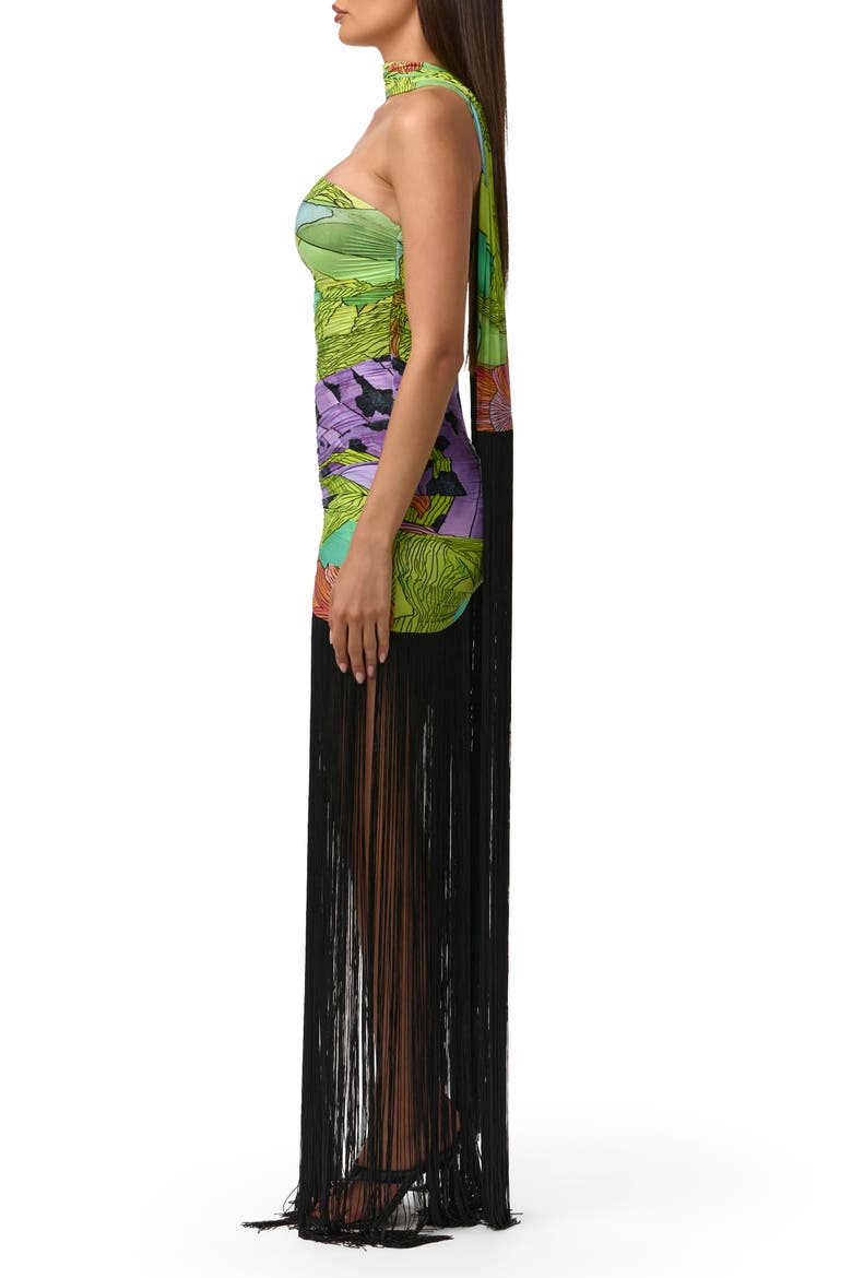 Print Strapless Fringe Maxi Dress with Scarf, Alternate, color, LETHAL BOTANICAL