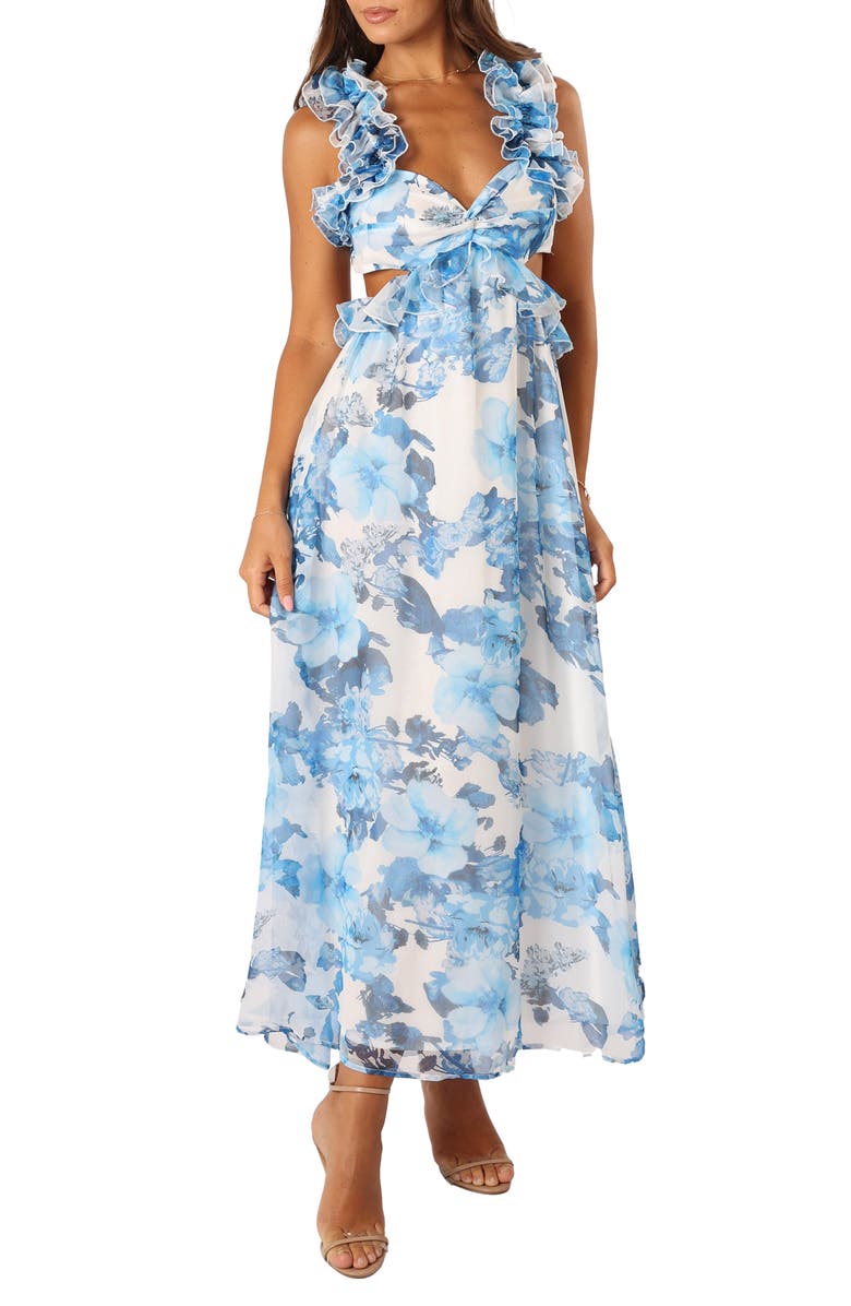Petal & Pup Lucah Floral Ruffle Cutout Maxi Dress, Main, color, Blue White Floral