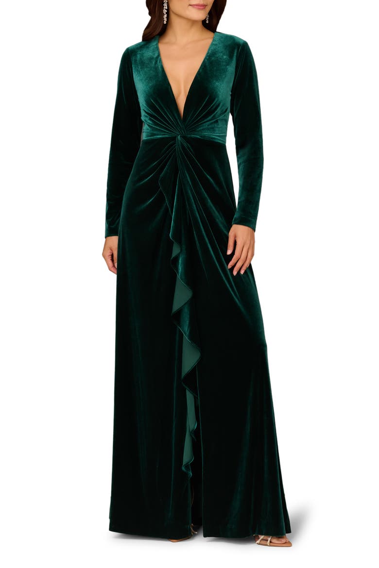 Twisted Ruffle Long Sleeve Stretch Velvet Gown, Main, color, SPRUCE