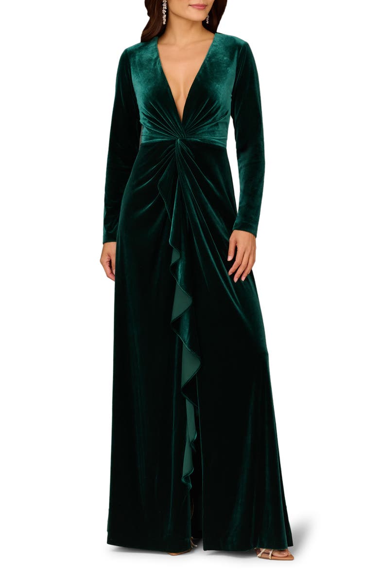 Aidan Mattox by Adrianna Papell Twisted Ruffle Long Sleeve Stretch Velvet Gown, Main, color, Spruce