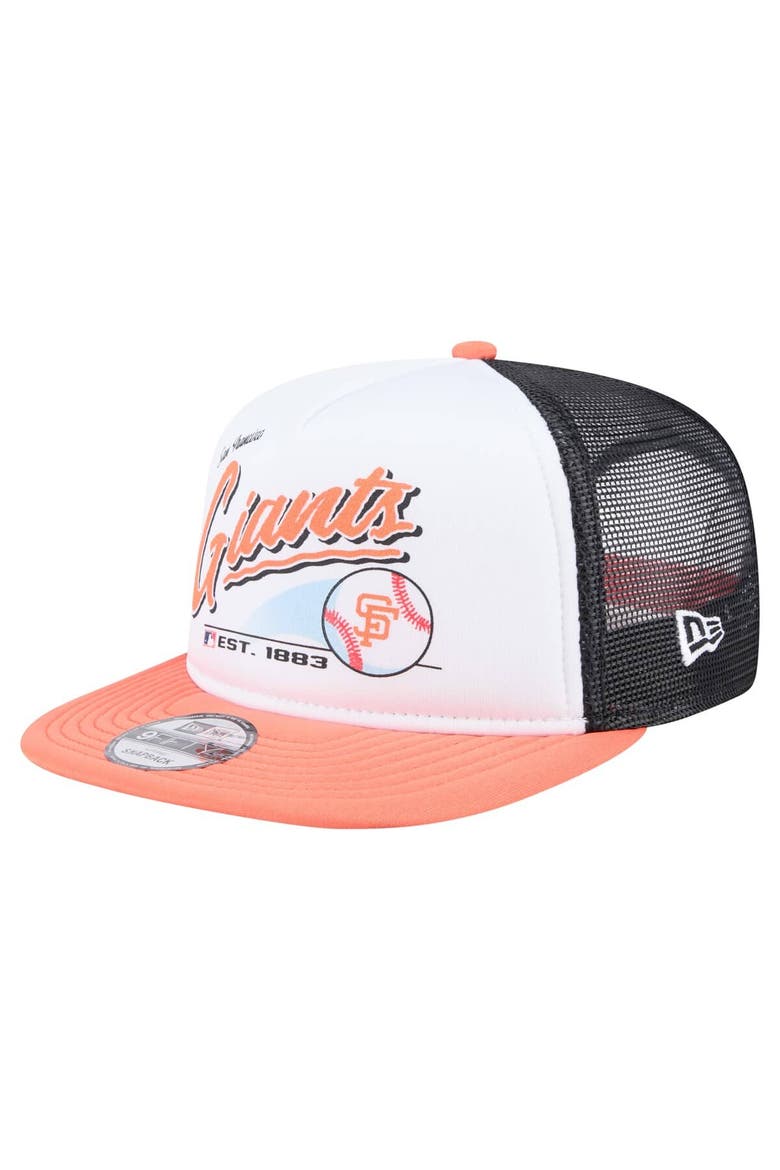 Men's New Era White/Orange San Francisco Giants Retro Script Trucker 9FIFTY Snapback Hat, Main, color, White