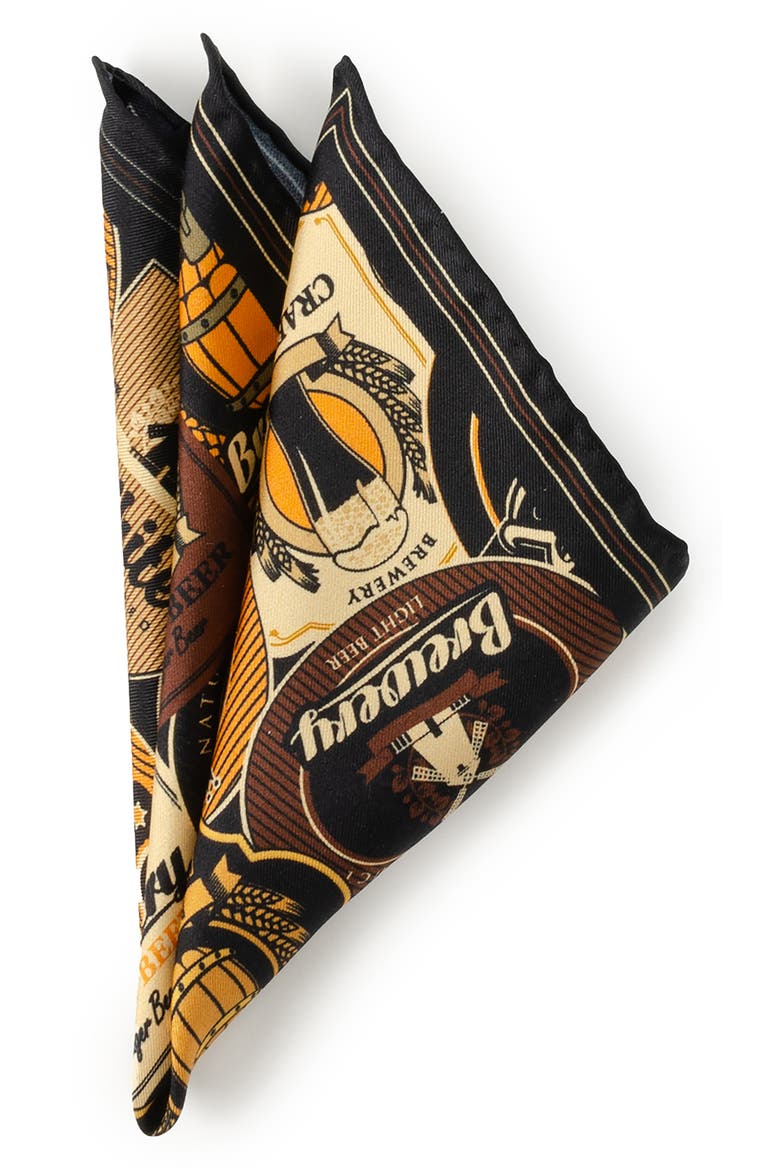Beer Fan Silk Pocket Square, Main, color, BROWN