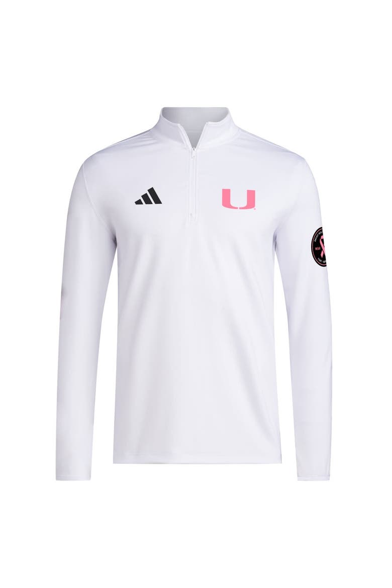 Men's adidas White Miami Hurricanes Wear Pink Quarter-Zip Pullover, Alternate, color, White