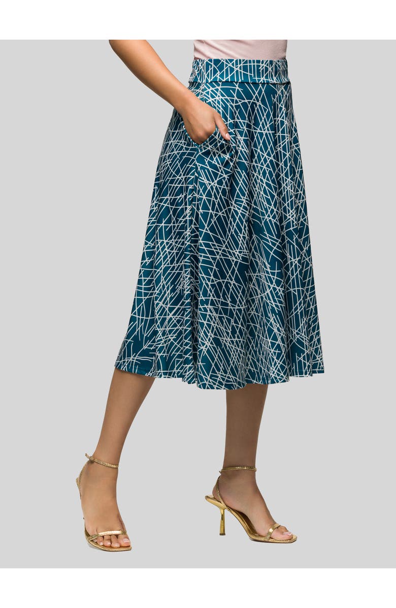 24seven Comfort Apparel Geometric Print Elastic Waist Pocket Midi Skirt, Alternate, color, Blue Multi