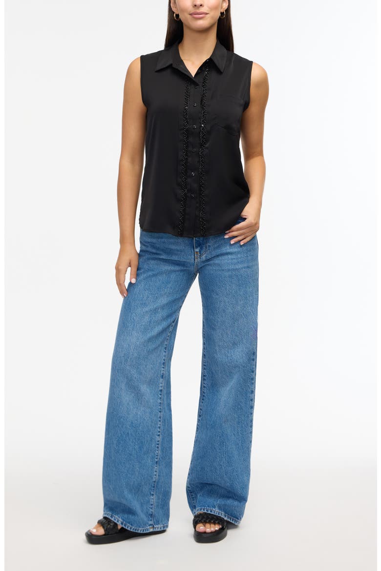 Beaded Sleeveless Button-Up Shirt, Alternate, color, BLACK