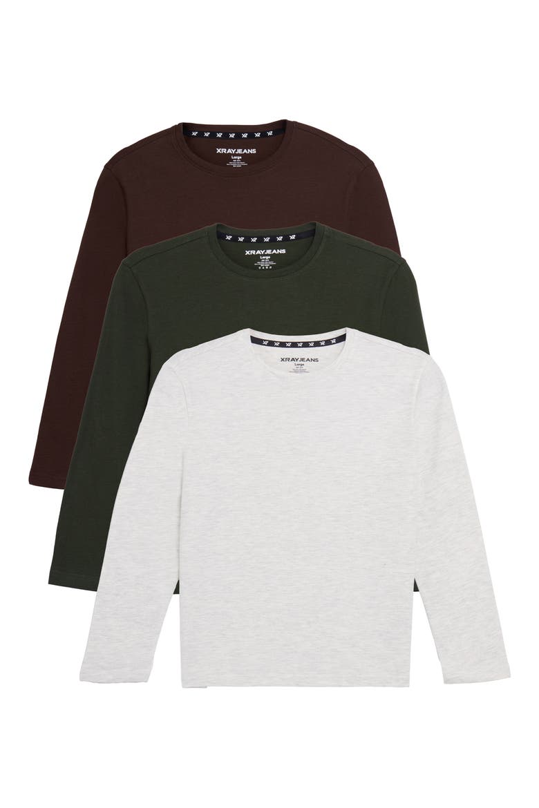 Kids' 3-Pack Long Sleeve Cotton T-Shirts, Main, color, OLIVE/ OAT/ BURGUNDY