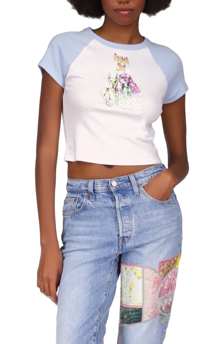 Anna Sui Micro Ribbed Raglan Baby Tee, Alternate, color, Baby Blue/White