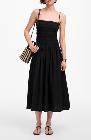 Madewell Smocked Cotton Poplin Maxi Dress In Black