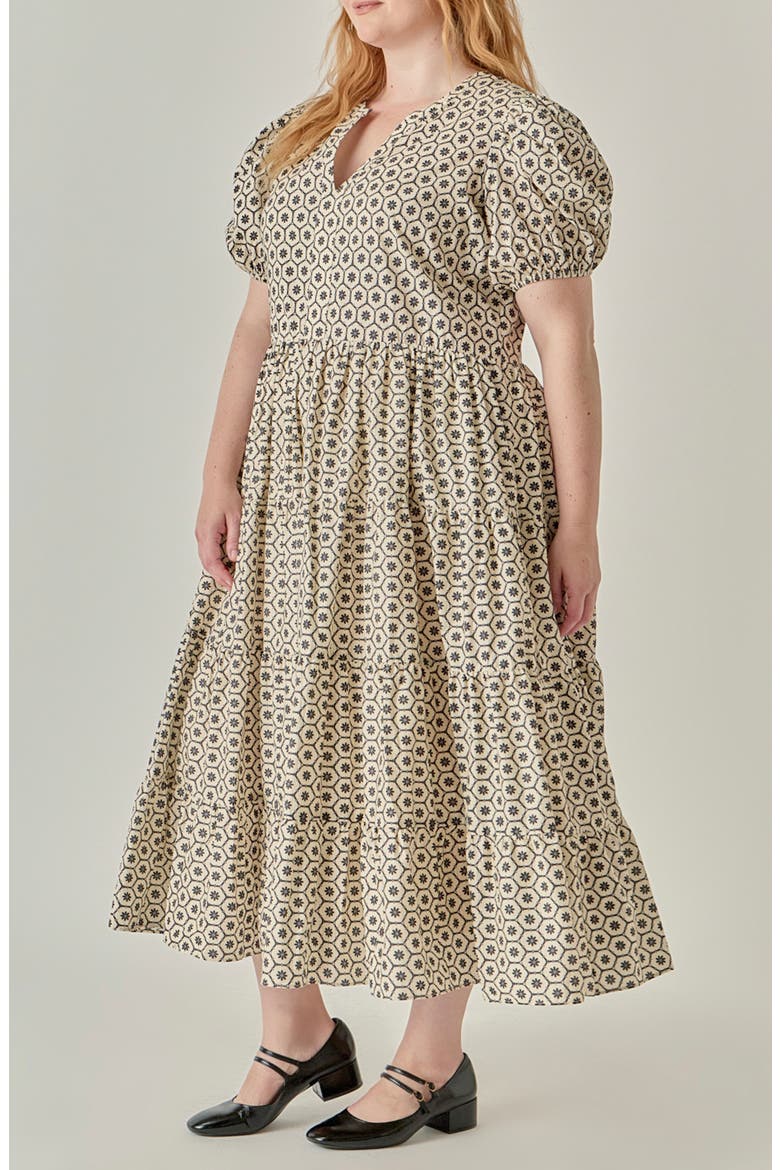 Print Puff Sleeve Midi Dress, Alternate, color, BEIGE/ BLACK