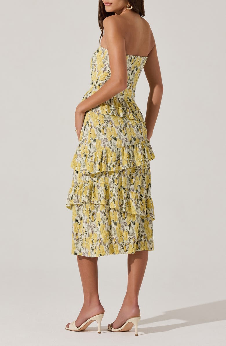 ASTR the Label Plissé Asymmetric Tiered Ruffle Strapless Midi Dress, Alternate, color, Lemon Print Floral