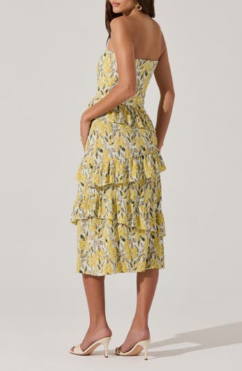 Plissé Asymmetric Tiered Ruffle Strapless Midi Dress