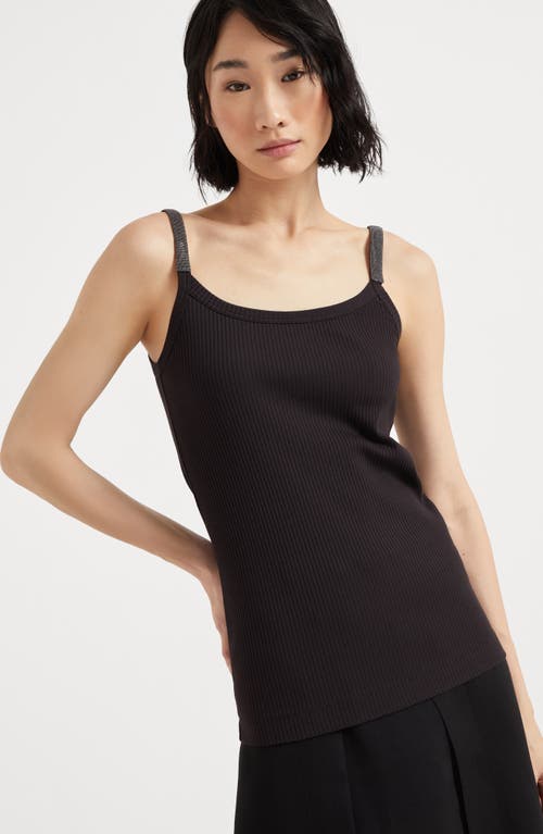 Brunello Cucinelli Stretch Cotton Ribbed Jersey Top With Precious Straps In Black