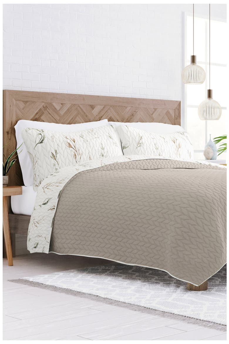 All Season Watercolor Leaves 3-Piece Down Alternative Reversible Quilt Set, Alternate, color, LATTE