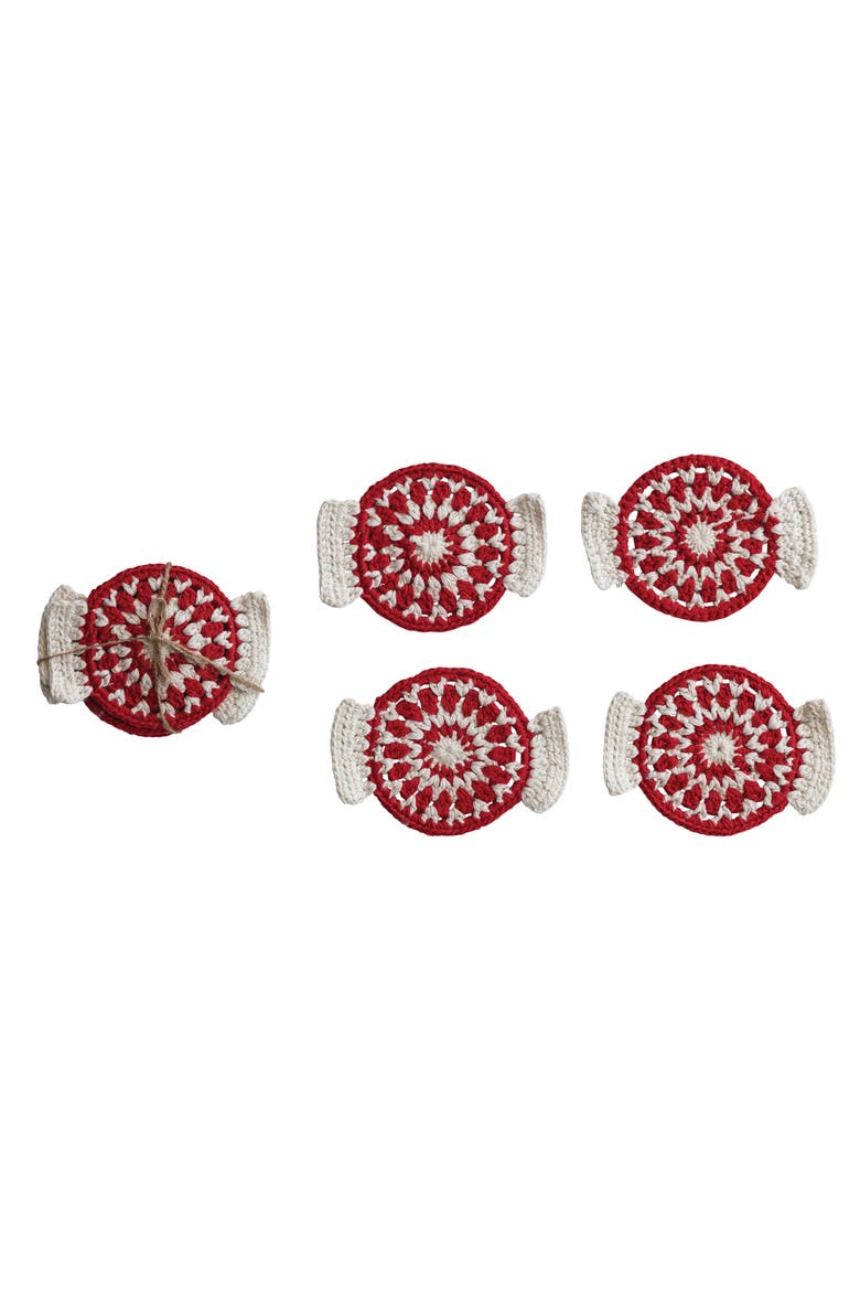 4-Piece Crocheted Candy Shaped Coasters, Tied with Jute, Red and Natural, Main, color, Red