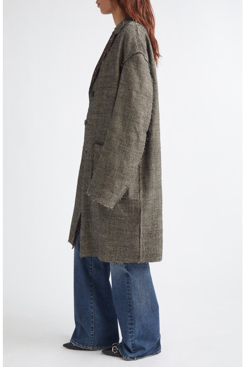 Reversible Raw Cut Linen & Virgin Wool Longline Jacket, Alternate, color, KHAKI BLACK MINI HOUNDSTOOTH
