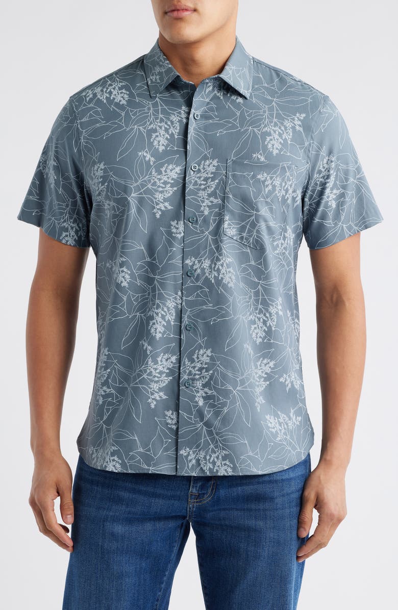 Nordstrom Botanical Print Short Sleeve Stretch Button-Up Shirt, Main, color, Blue Sketched Botanical