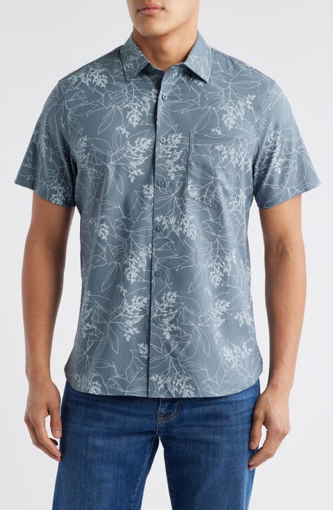 Botanical Print Short Sleeve Stretch Button-Up Shirt