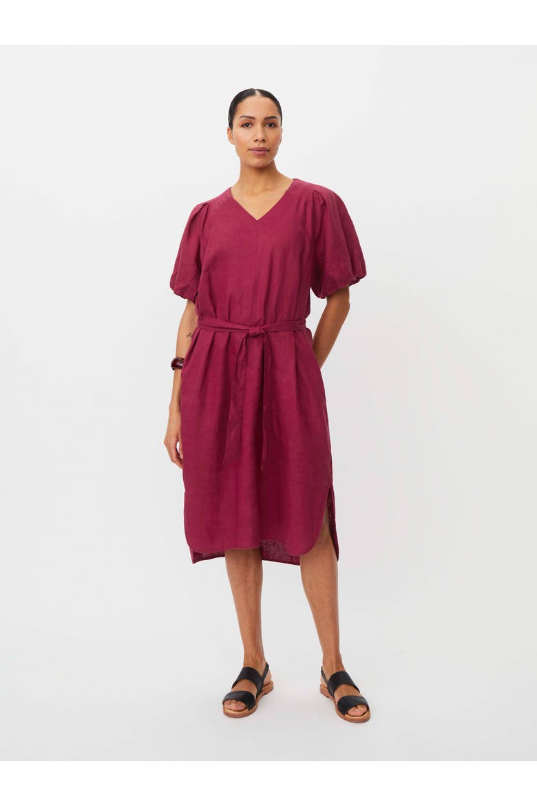 Manalirae Linen V-Neck Puff Sleeve Dress, Main, color, Beet Red