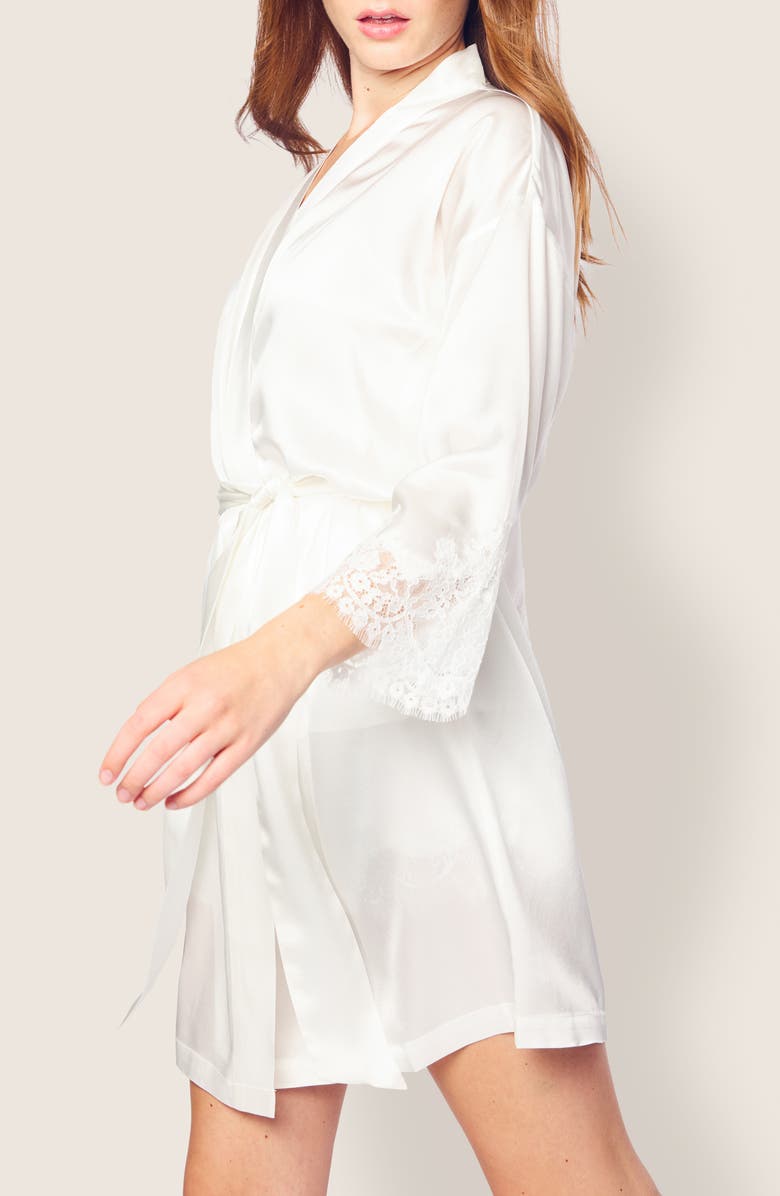 Petite Plume Lace Trim Mulberry Silk Robe, Alternate, color, White