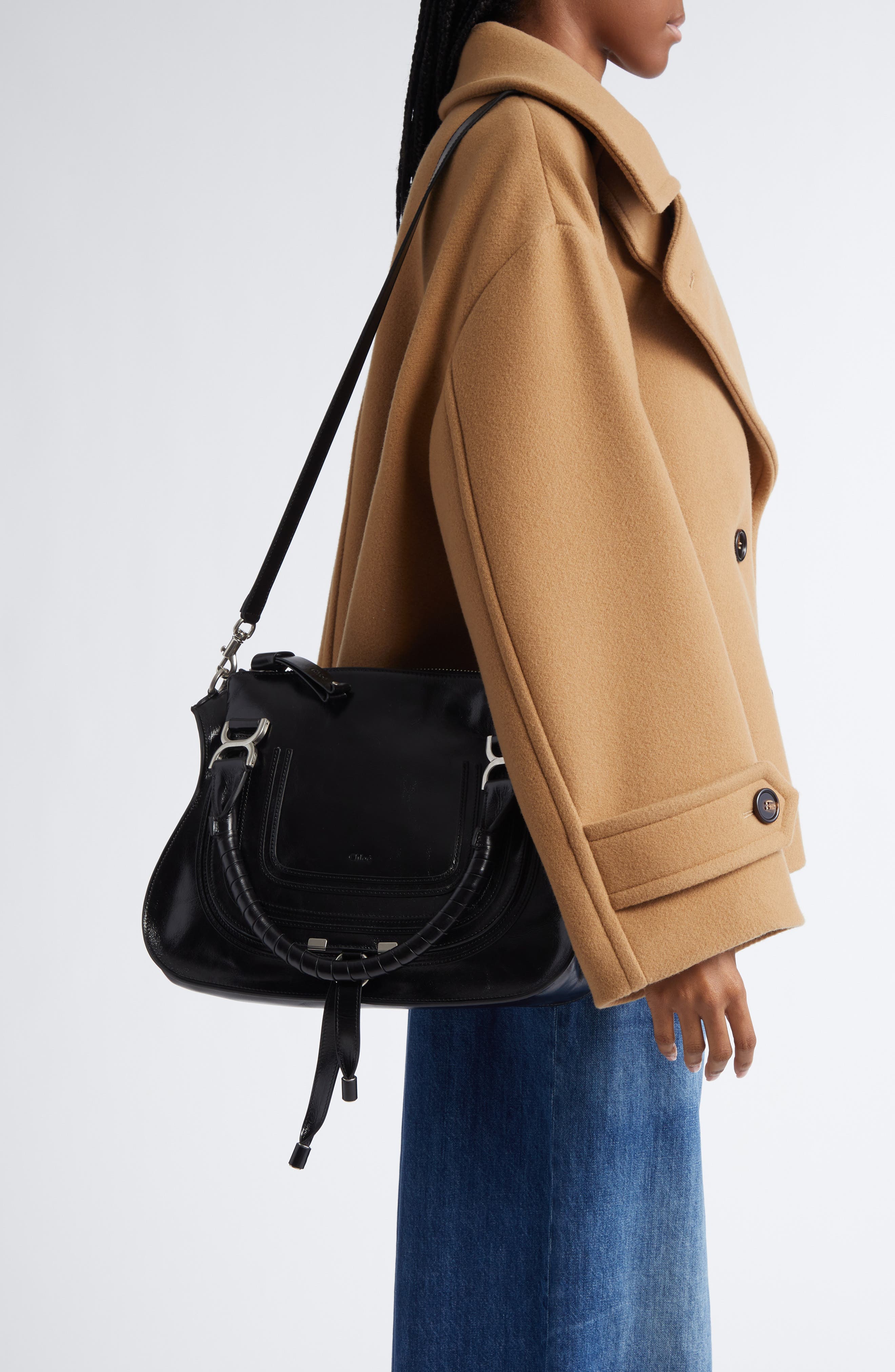 Chloé Medium Marcie Leather Satchel, Alternate, color, 001 Black