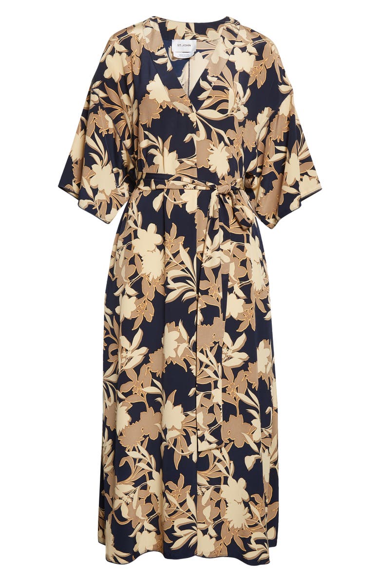 St. John Collection Floral Print Belted Silk Blend Midi Dress, Alternate, color, 