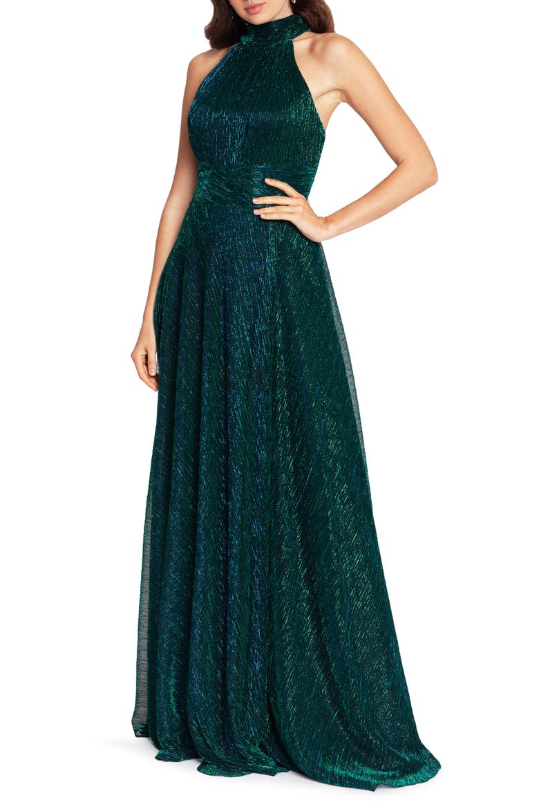 Metallic Sleeveless Halter Neck Open Back Gown, Alternate, color, JADE