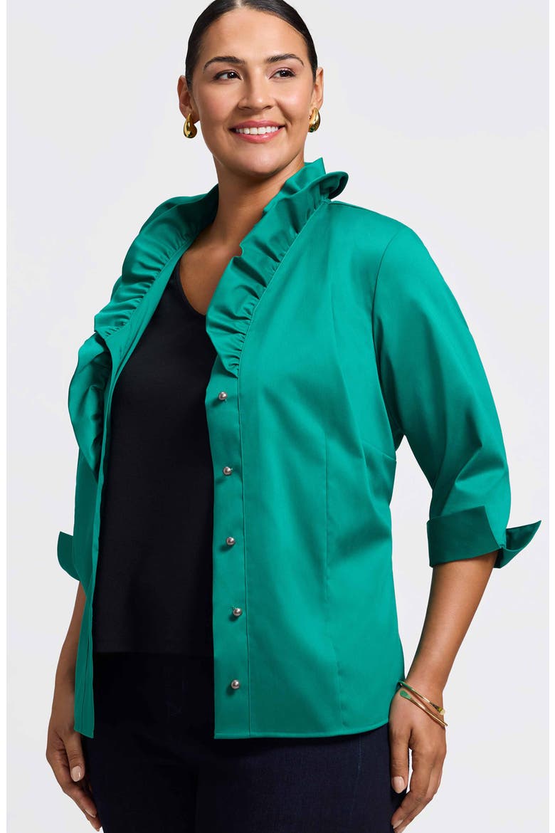 Edith Ruffle Button-Up Shirt, Alternate, color, EMERALD