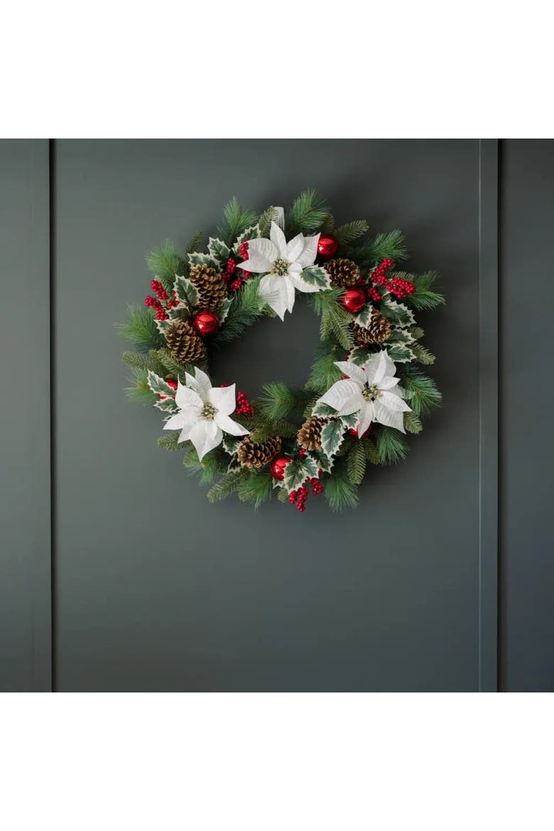 26" White Poinsettia Pinecone & Berry Wreath Pre-Lit, Alternate, color, White