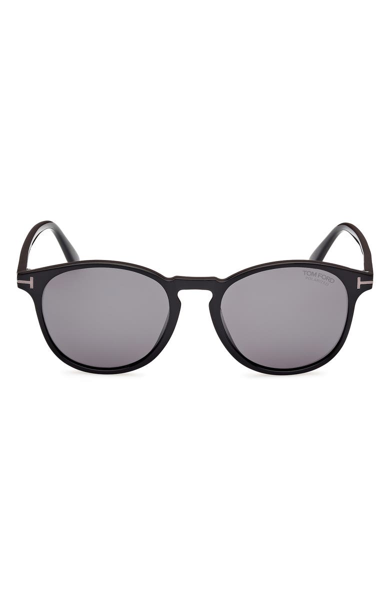 TOM FORD 53mm Round Sunglasses, Main, color, Shiny Black / Smoke Polarized