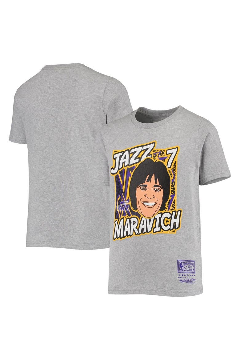 Youth Mitchell & Ness Pete Maravich Heathered Gray New Orleans Jazz Hardwood Classics King of the Court Player T-Shirt, Main, color, Heather Gray