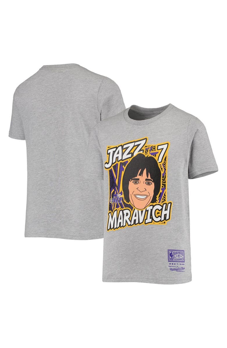 Mitchell & Ness Youth Mitchell & Ness Pete Maravich Heathered Gray New Orleans Jazz Hardwood Classics King of the Court Player T-Shirt, Main, color, Heather Gray
